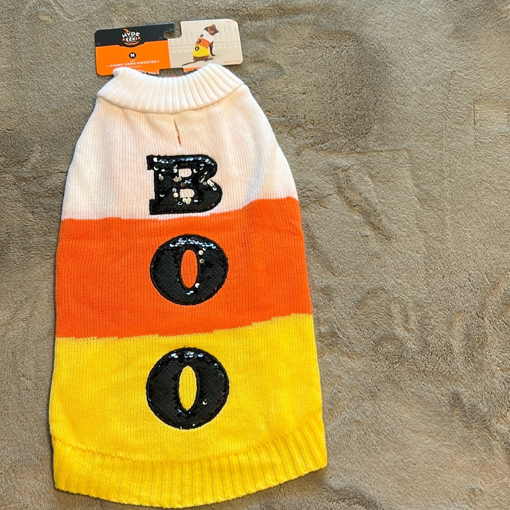 Hide & Eek Boutique Candy Corn Sweater for dogs!
